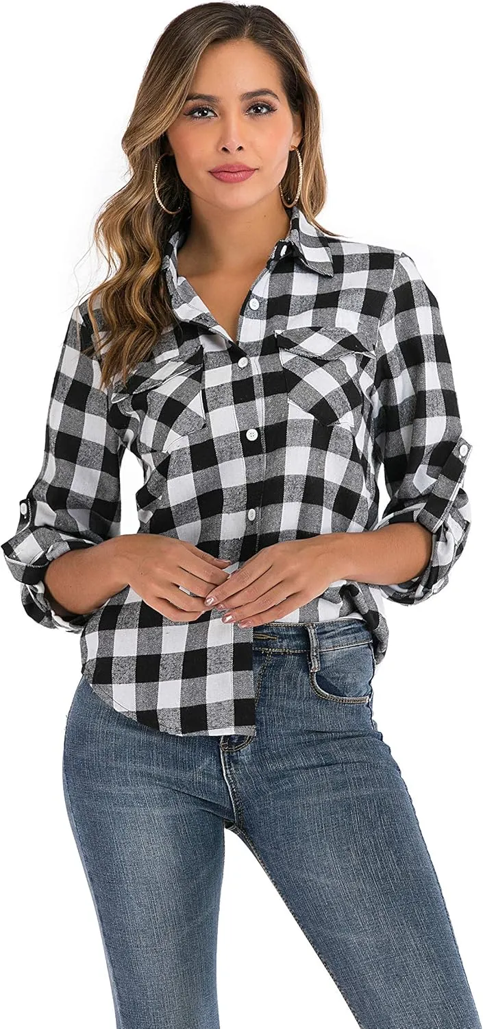 Enjoyoself Womens Plaid Flannel Shirts Casual Roll up Long Sleeve Boyfriend Button Down Checkered Shirt