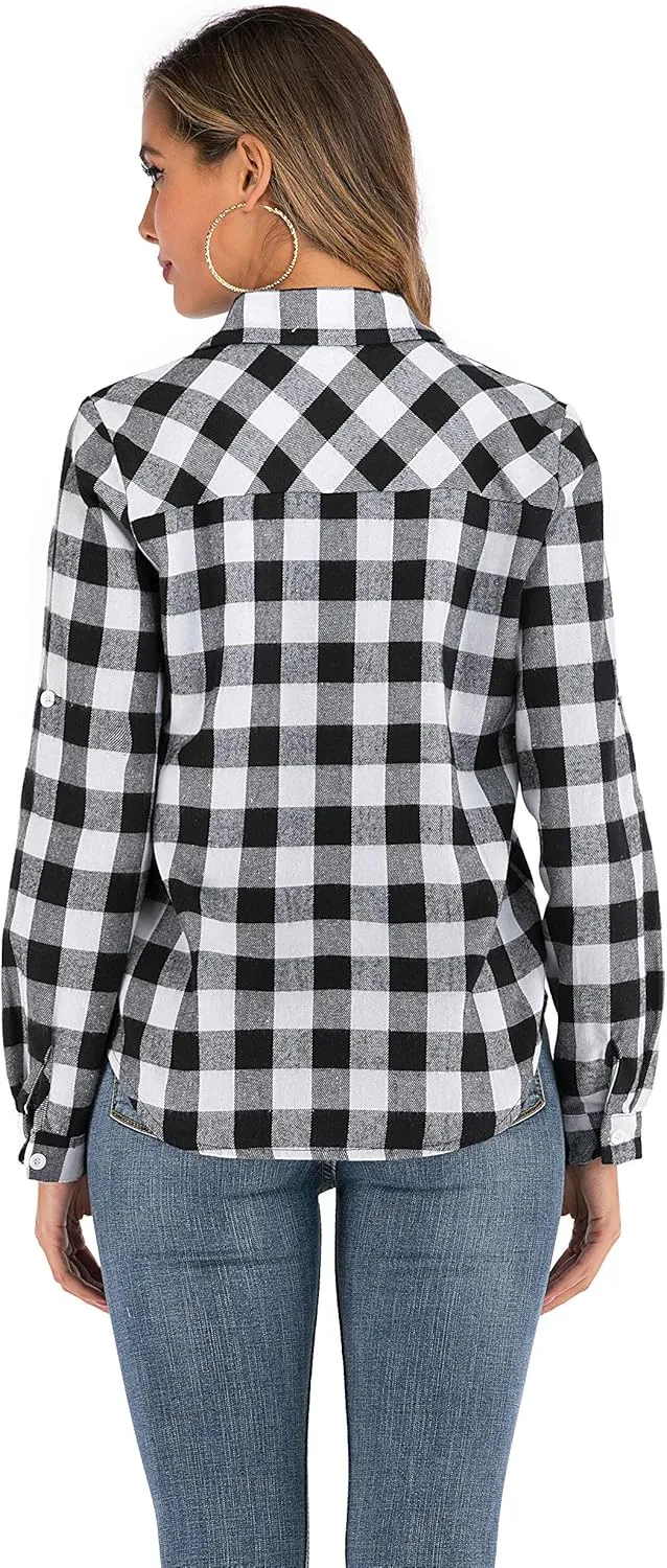 Enjoyoself Womens Plaid Flannel Shirts Casual Roll up Long Sleeve Boyfriend Button Down Checkered Shirt
