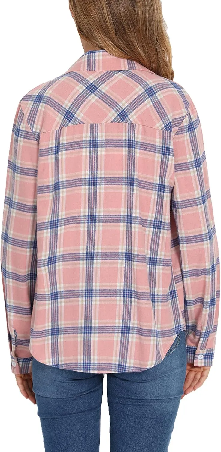 Enjoyoself Womens Plaid Flannel Shirts Casual Roll up Long Sleeve Boyfriend Button Down Checkered Shirt