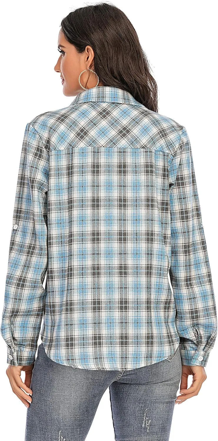 Enjoyoself Womens Plaid Flannel Shirts Casual Roll up Long Sleeve Boyfriend Button Down Checkered Shirt