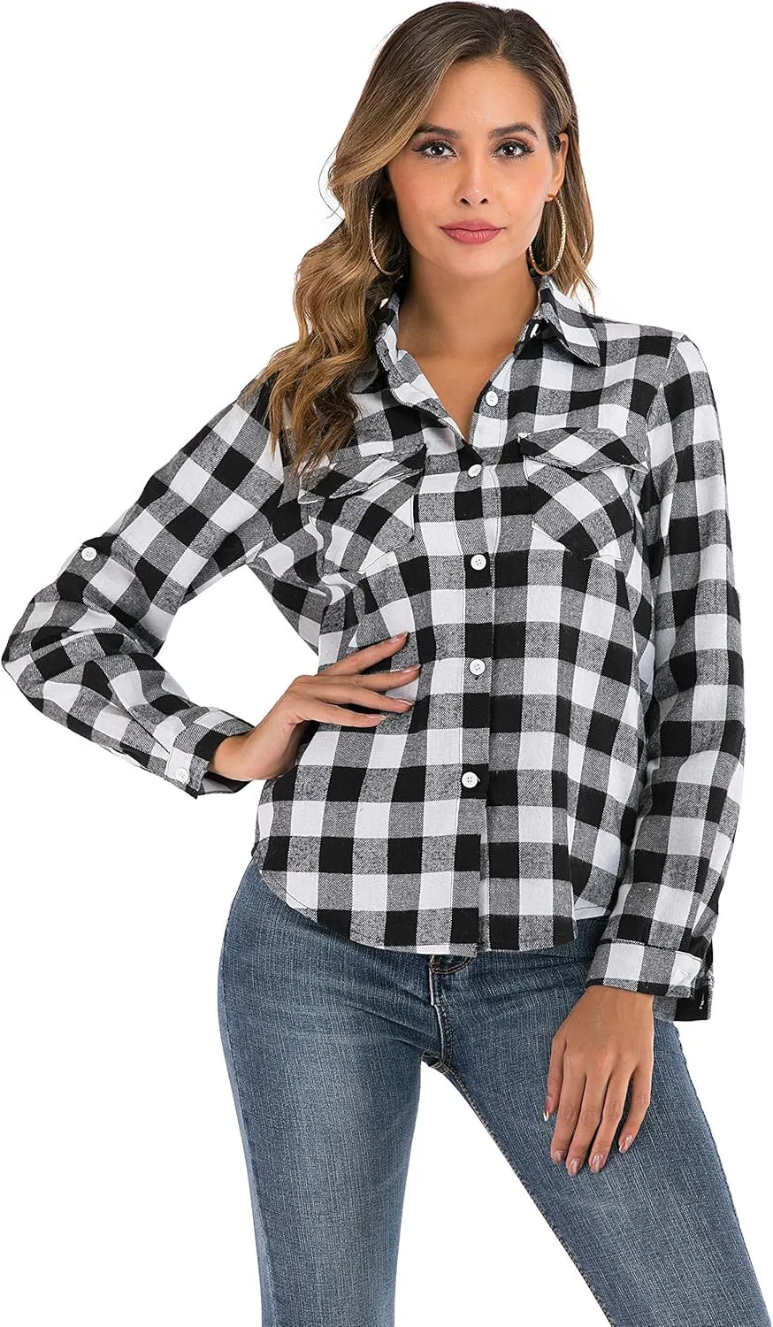 Enjoyoself Womens Plaid Flannel Shirts Casual Roll up Long Sleeve Boyfriend Button Down Checkered Shirt