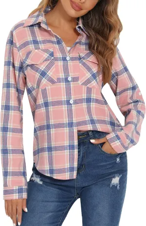 Enjoyoself Womens Plaid Flannel Shirts Casual Roll up Long Sleeve Boyfriend Button Down Checkered Shirt