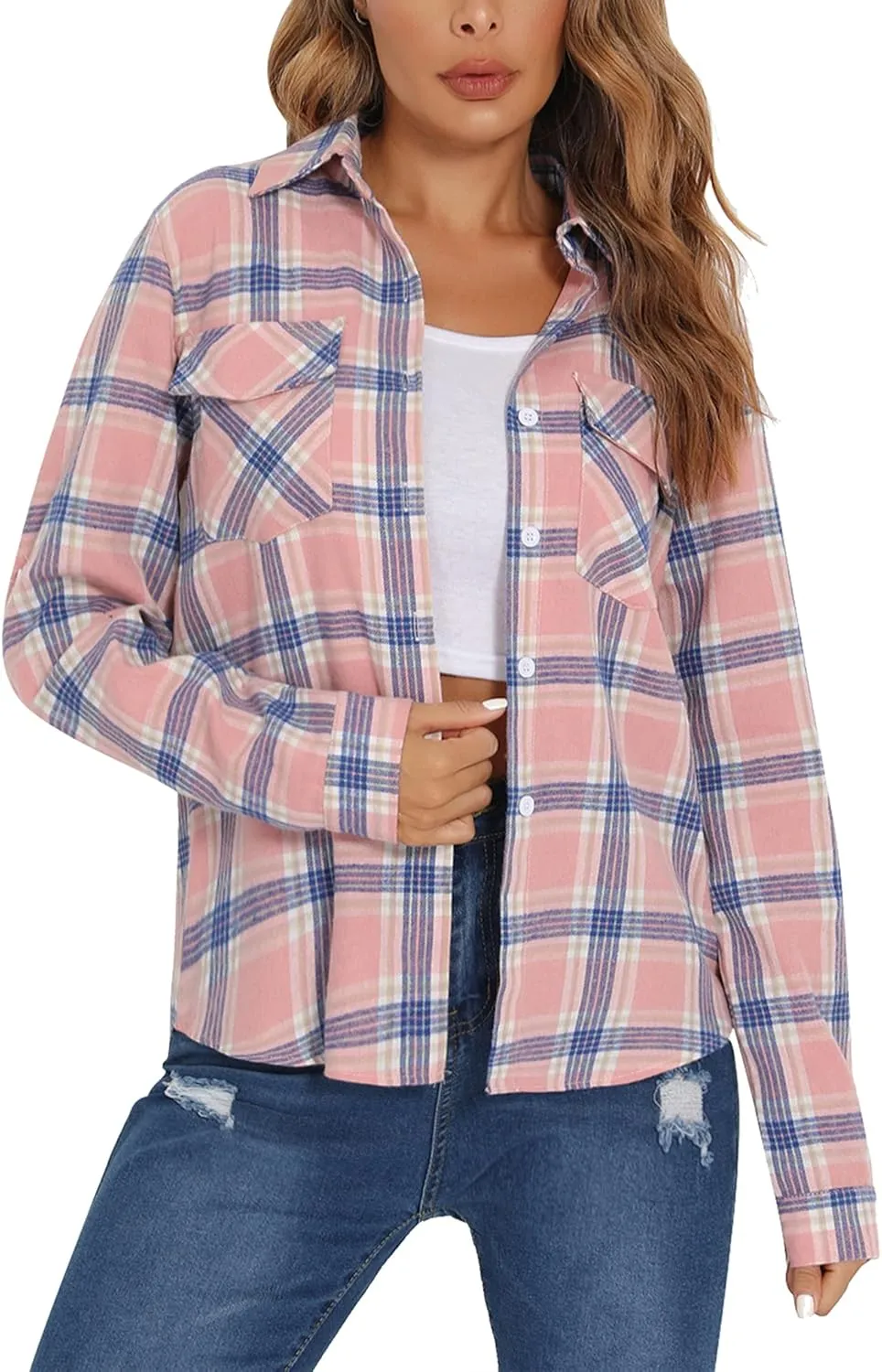 Enjoyoself Womens Plaid Flannel Shirts Casual Roll up Long Sleeve Boyfriend Button Down Checkered Shirt