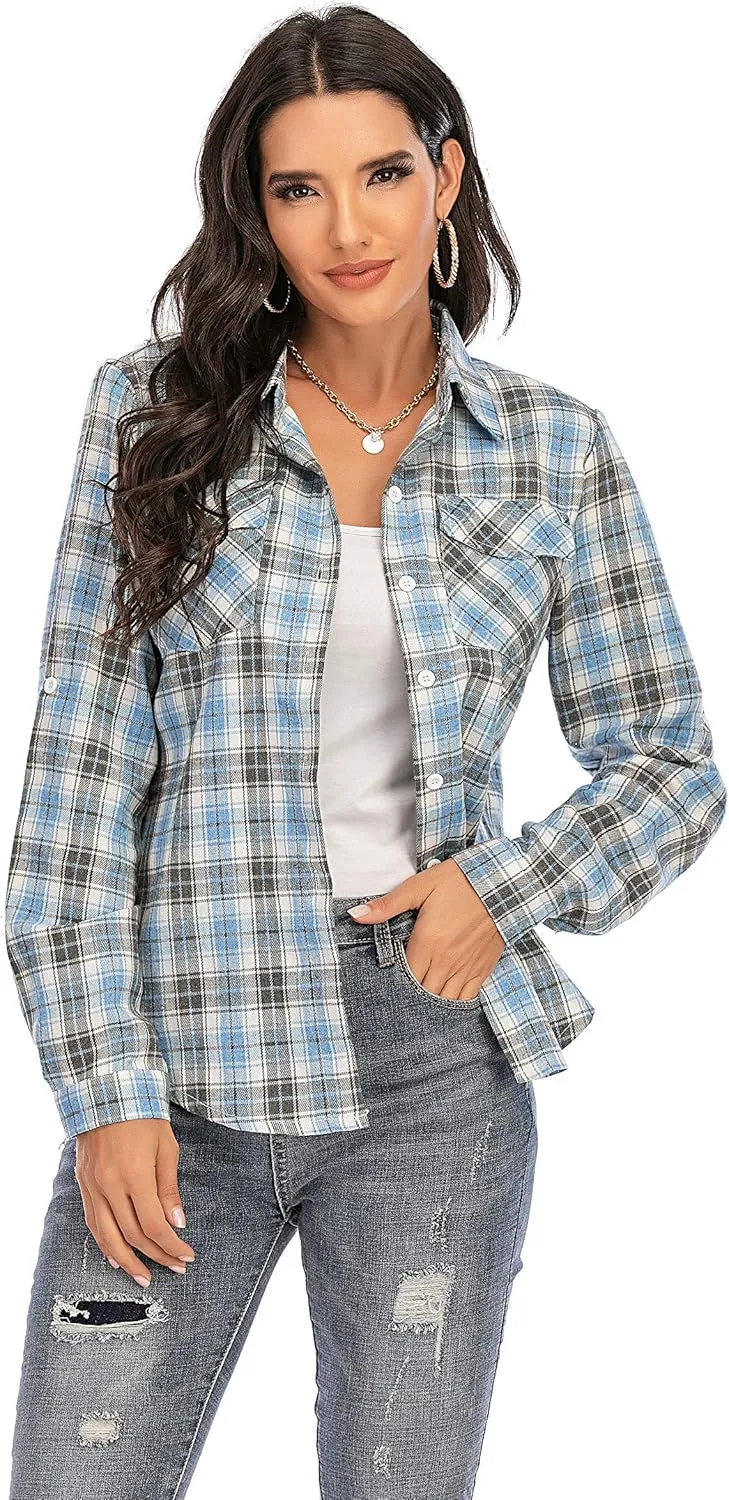 Enjoyoself Womens Plaid Flannel Shirts Casual Roll up Long Sleeve Boyfriend Button Down Checkered Shirt
