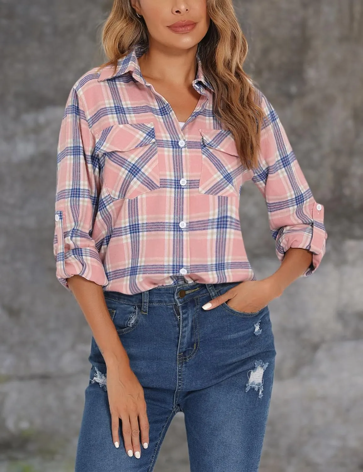 Enjoyoself Womens Plaid Flannel Shirts Casual Roll up Long Sleeve Boyfriend Button Down Checkered Shirt