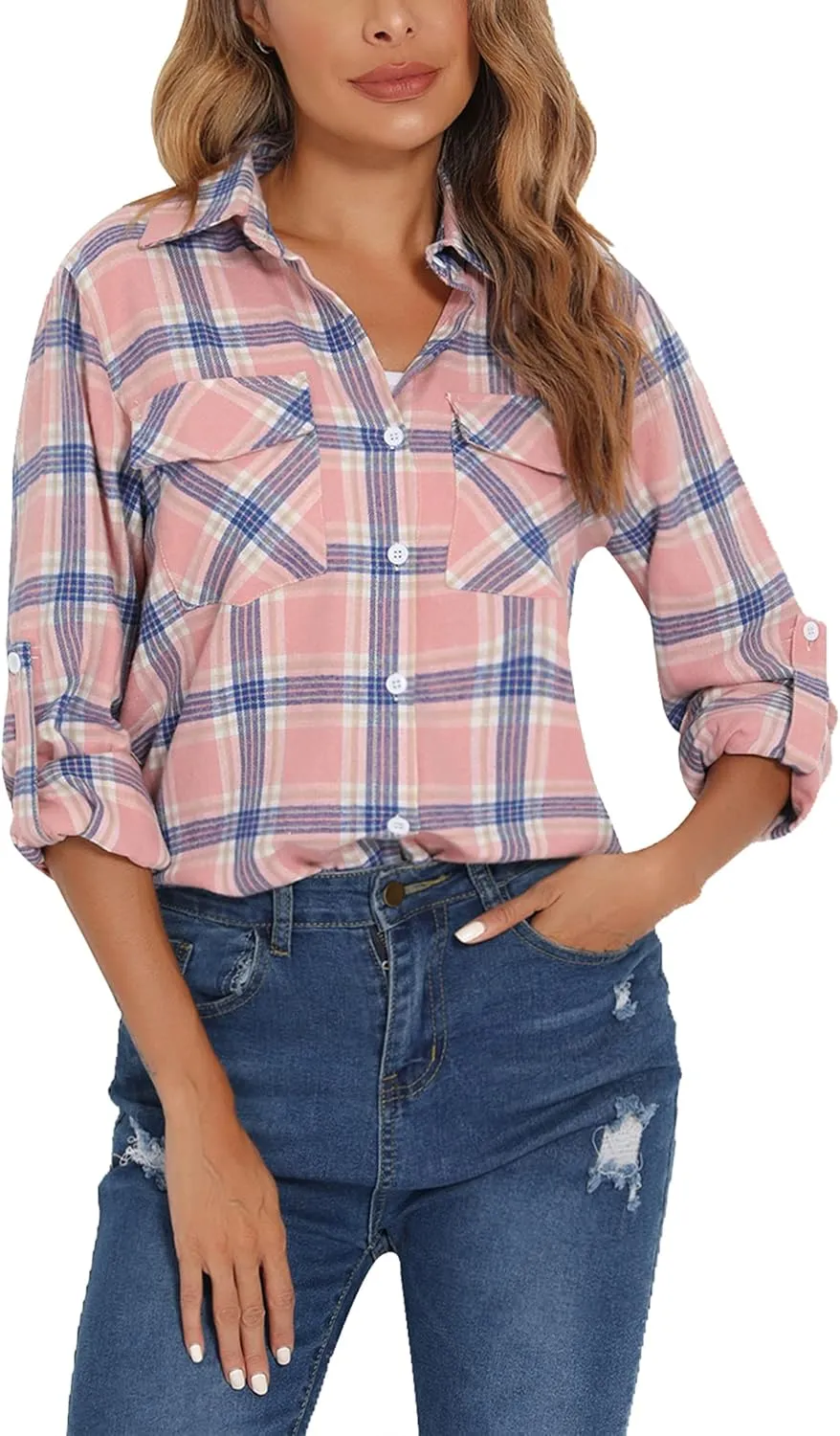 Enjoyoself Womens Plaid Flannel Shirts Casual Roll up Long Sleeve Boyfriend Button Down Checkered Shirt