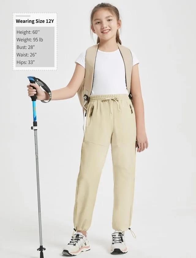 EXARUS Girls Joggers Hiking Pants Water Resistant Kids Athletic Quick Dry Lightweight Zip Pockets High Waisted 6-14Y