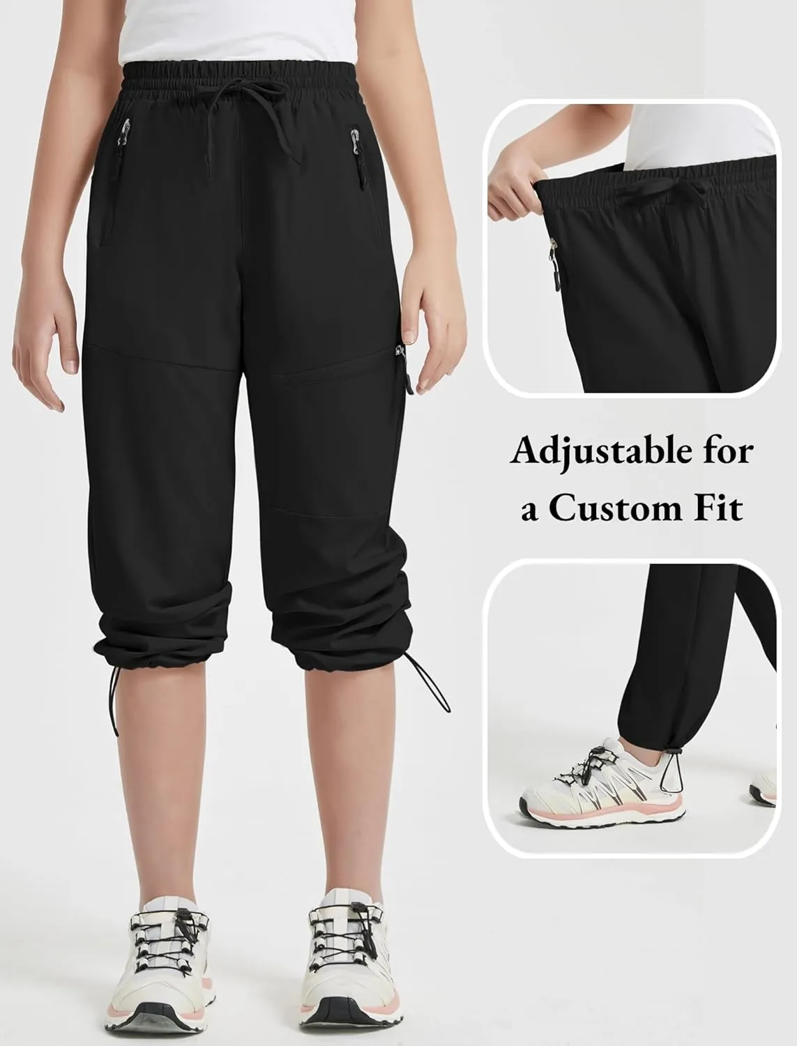 EXARUS Girls Joggers Hiking Pants Water Resistant Kids Athletic Quick Dry Lightweight Zip Pockets High Waisted 6-14Y