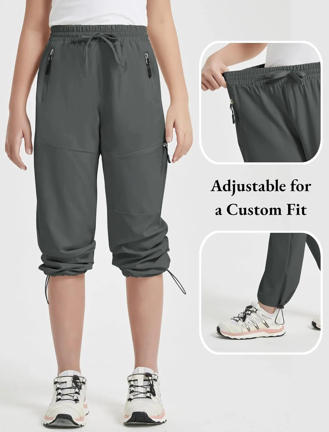 EXARUS Girls Joggers Hiking Pants Water Resistant Kids Athletic Quick Dry Lightweight Zip Pockets High Waisted 6-14Y