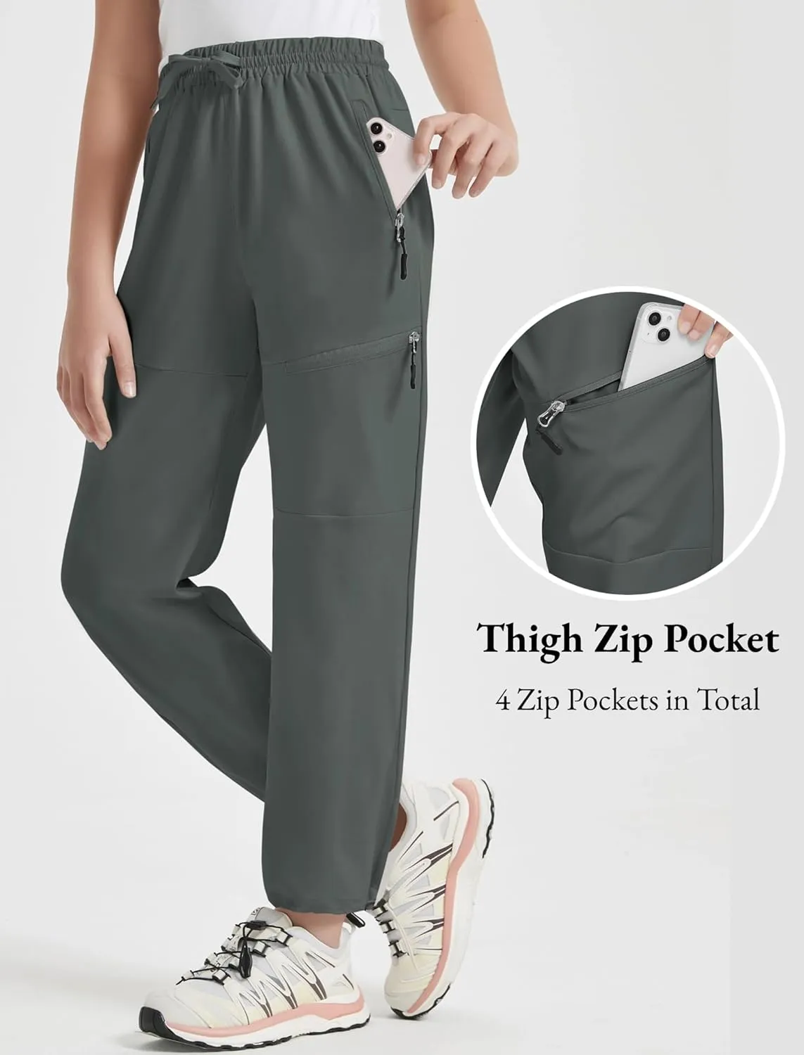 EXARUS Girls Joggers Hiking Pants Water Resistant Kids Athletic Quick Dry Lightweight Zip Pockets High Waisted 6-14Y