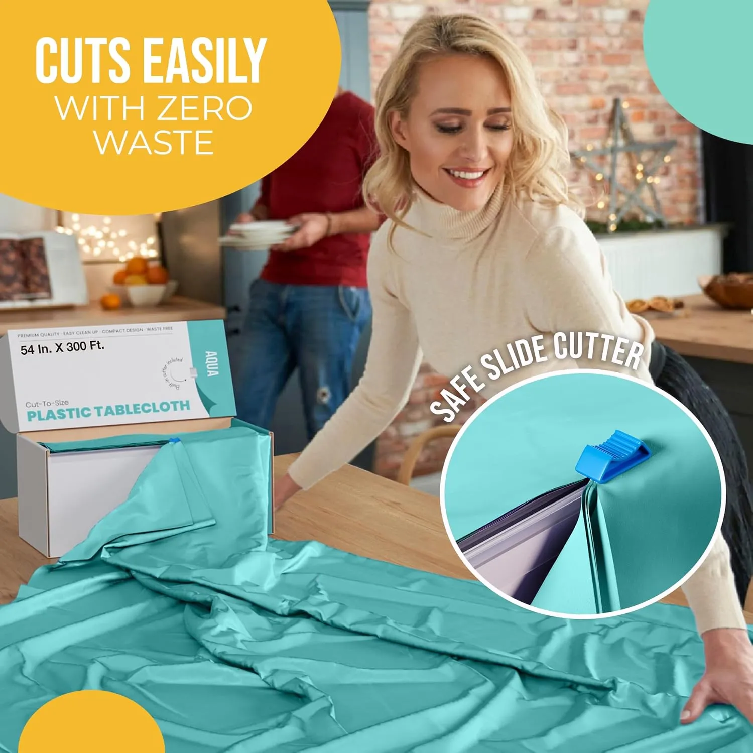 Exquisite Party Solids 54 Inch X 300 Feet Aqua Plastic Table Cover Roll in A Cut - to - Size Box with Convenient Slide Cutter. Cuts Up to 36 Rectangle 8 Feet Plastic Disposable Tablecloths