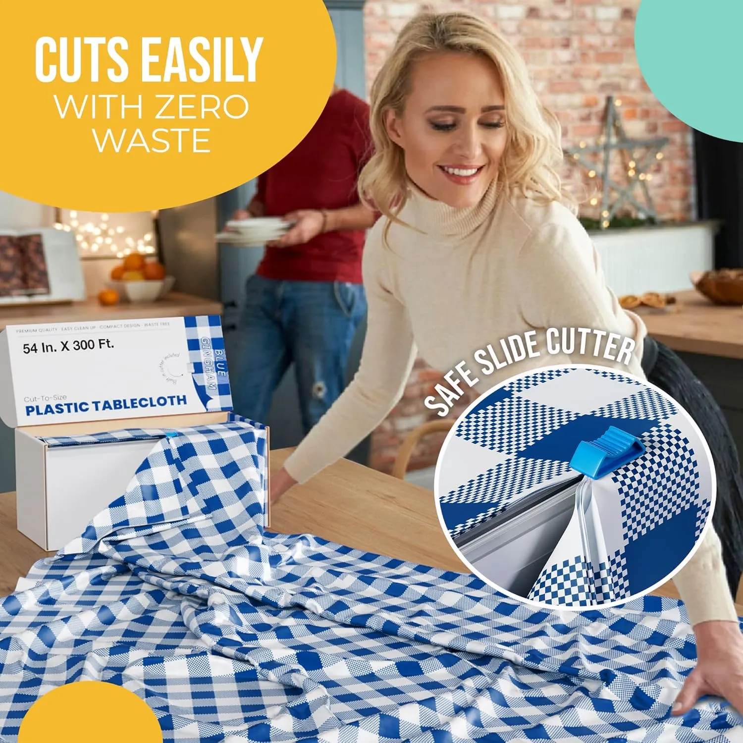Exquisite Party Solids 54 Inch X 300 Feet Blue Gingham Plastic Table Cover Roll in A Cut - to - Size Box with Convenient Slide Cutter. Cuts Up to 36 Rectangle 8 Feet Plastic Disposable Tablecloths