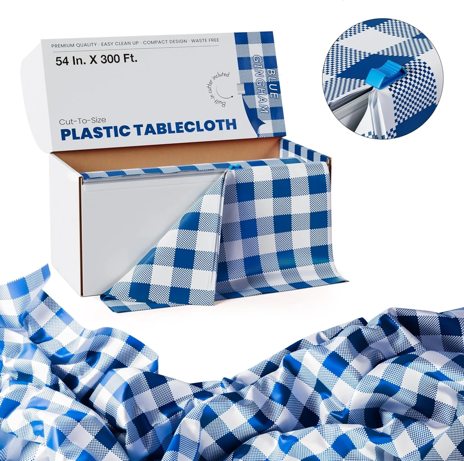 Exquisite Party Solids 54 Inch X 300 Feet Blue Gingham Plastic Table Cover Roll in A Cut - to - Size Box with Convenient Slide Cutter. Cuts Up to 36 Rectangle 8 Feet Plastic Disposable Tablecloths