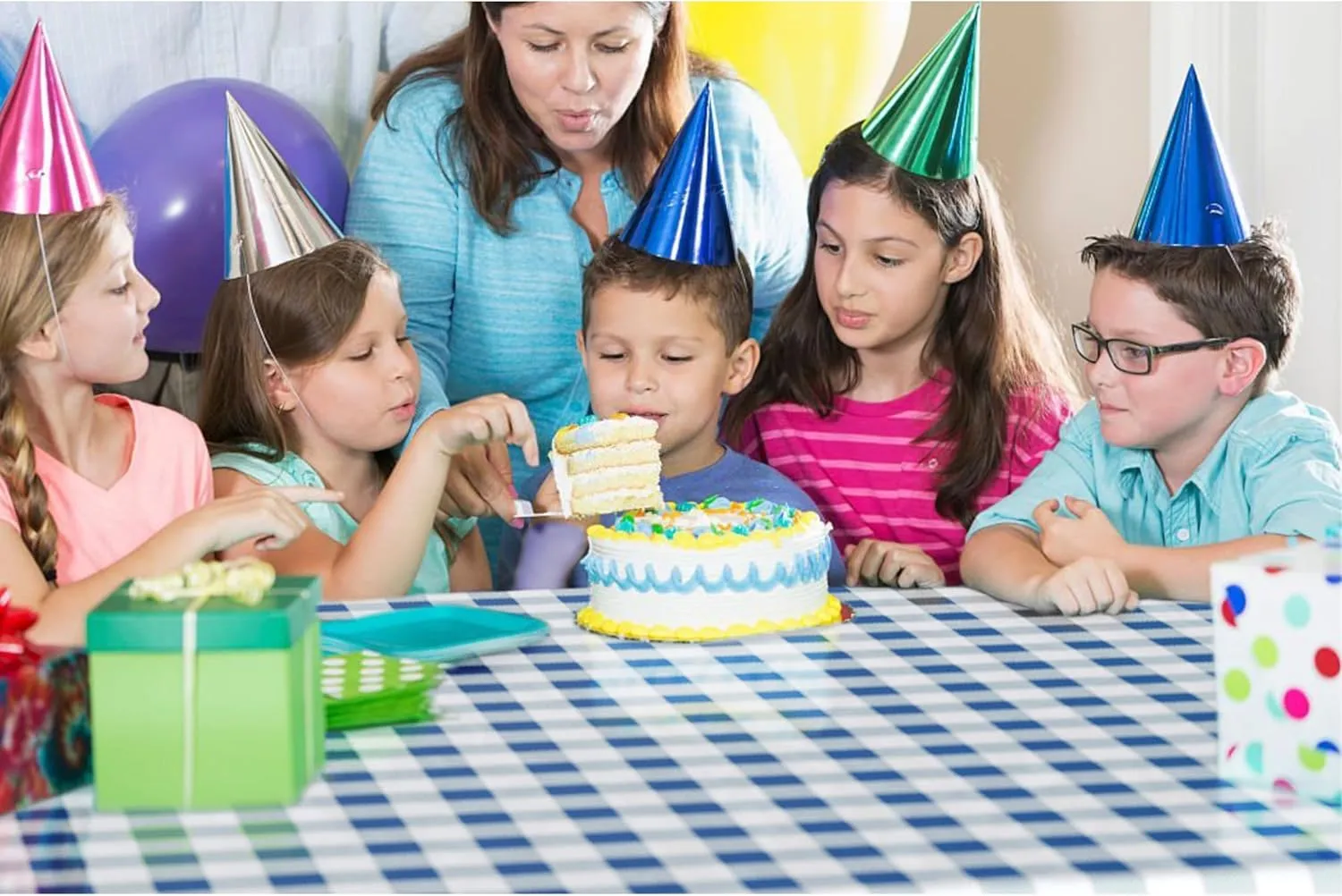 Exquisite Party Solids 54 Inch X 300 Feet Blue Gingham Plastic Table Cover Roll in A Cut - to - Size Box with Convenient Slide Cutter. Cuts Up to 36 Rectangle 8 Feet Plastic Disposable Tablecloths