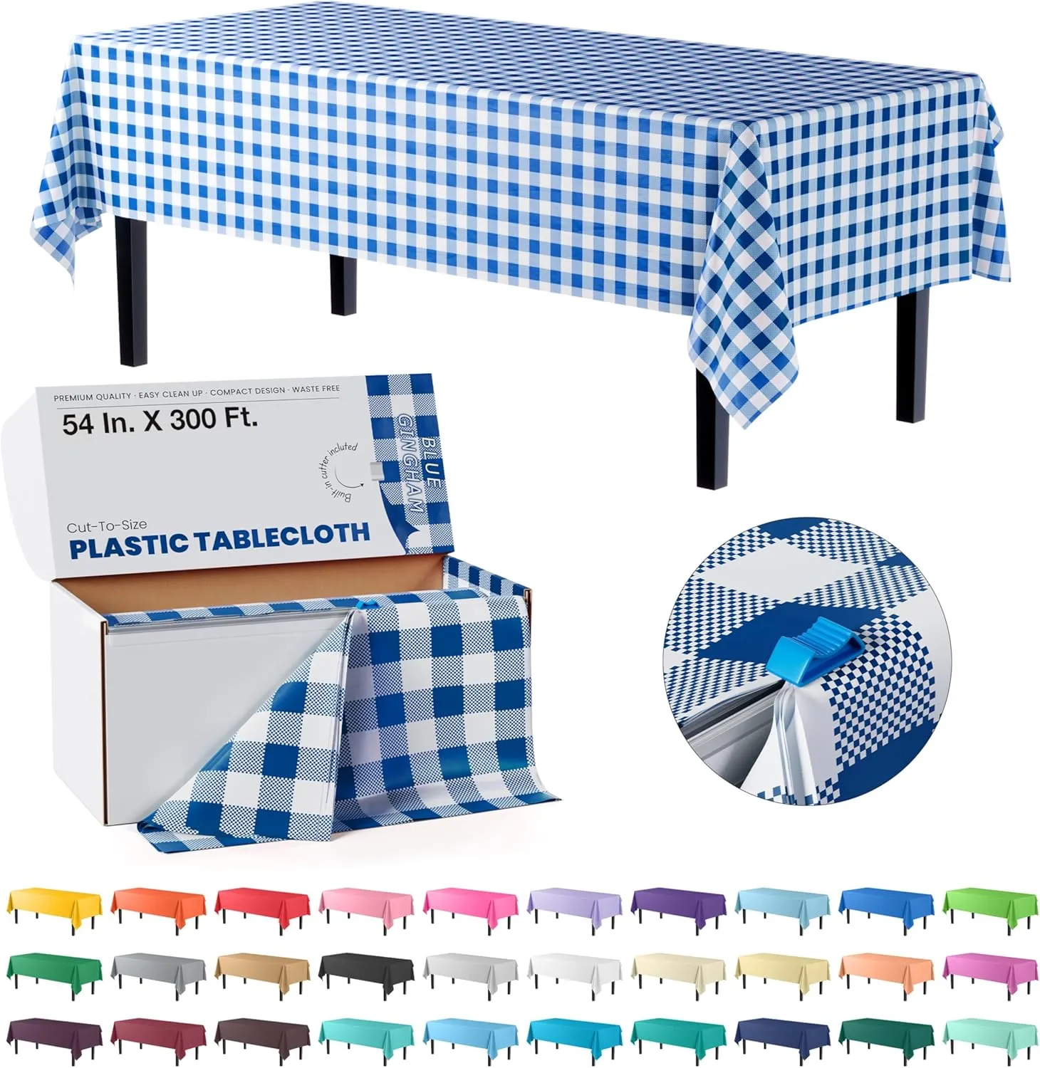 Exquisite Party Solids 54 Inch X 300 Feet Blue Gingham Plastic Table Cover Roll in A Cut - to - Size Box with Convenient Slide Cutter. Cuts Up to 36 Rectangle 8 Feet Plastic Disposable Tablecloths