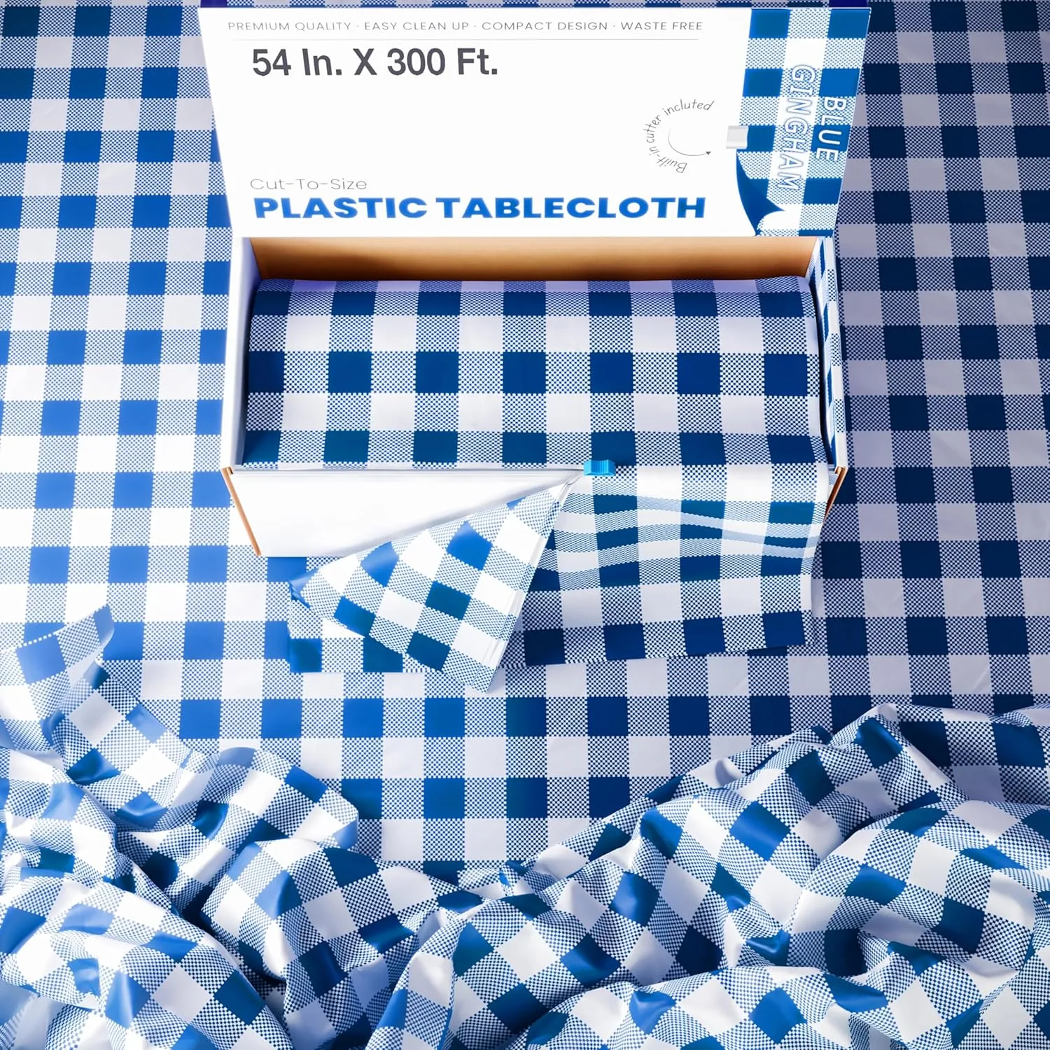 Exquisite Party Solids 54 Inch X 300 Feet Blue Gingham Plastic Table Cover Roll in A Cut - to - Size Box with Convenient Slide Cutter. Cuts Up to 36 Rectangle 8 Feet Plastic Disposable Tablecloths
