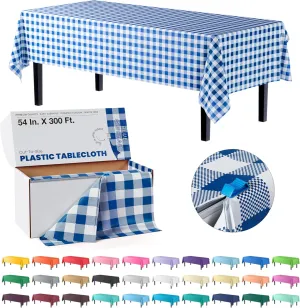 Exquisite Party Solids 54 Inch X 300 Feet Blue Gingham Plastic Table Cover Roll in A Cut - to - Size Box with Convenient Slide Cutter. Cuts Up to 36 Rectangle 8 Feet Plastic Disposable Tablecloths