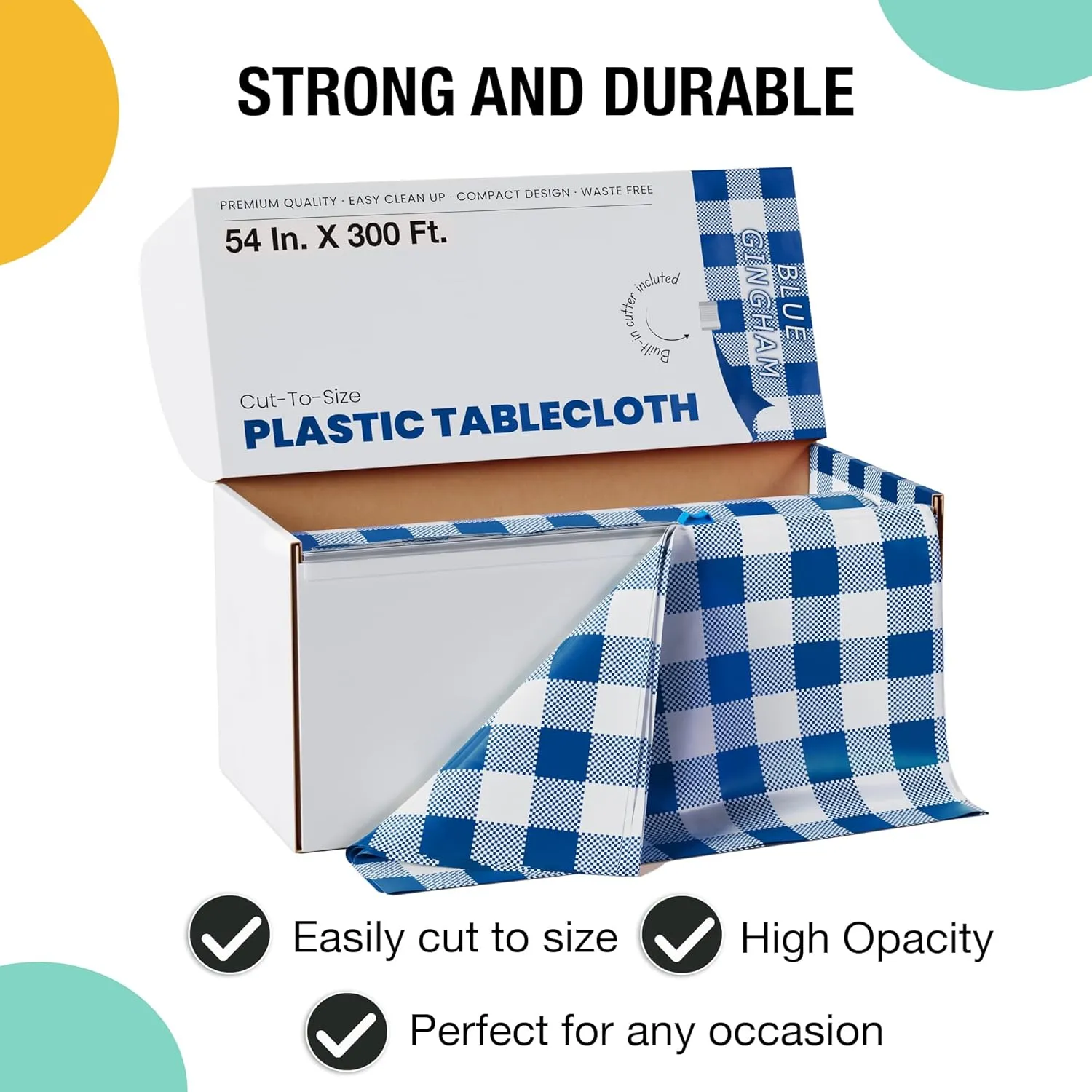 Exquisite Party Solids 54 Inch X 300 Feet Blue Gingham Plastic Table Cover Roll in A Cut - to - Size Box with Convenient Slide Cutter. Cuts Up to 36 Rectangle 8 Feet Plastic Disposable Tablecloths
