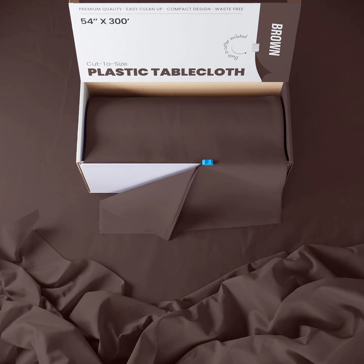 Exquisite Party Solids 54 Inch X 300 Feet Brown Plastic Table Cover Roll in A Cut - to - Size Box with Convenient Slide Cutter. Cuts Up to 36 Rectangle 8 Feet Plastic Disposable Tablecloths