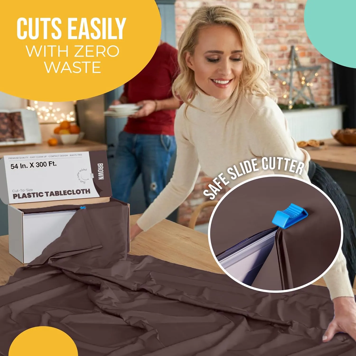 Exquisite Party Solids 54 Inch X 300 Feet Brown Plastic Table Cover Roll in A Cut - to - Size Box with Convenient Slide Cutter. Cuts Up to 36 Rectangle 8 Feet Plastic Disposable Tablecloths
