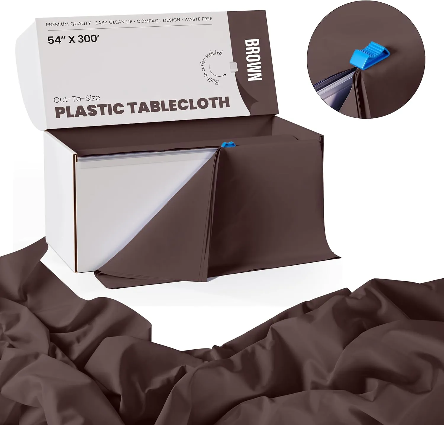 Exquisite Party Solids 54 Inch X 300 Feet Brown Plastic Table Cover Roll in A Cut - to - Size Box with Convenient Slide Cutter. Cuts Up to 36 Rectangle 8 Feet Plastic Disposable Tablecloths