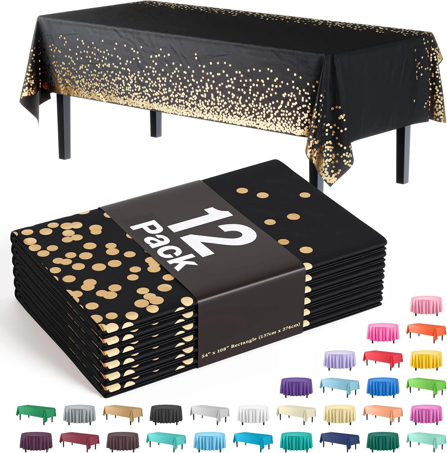 Exquisite Party Solids White and Gold Tablecloth 12-Pack New Years Plastic Tablecloth Black and Gold Dot 54in. X 108in. Rectangle Table Cover Black and Gold Party Decorations