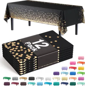 Exquisite Party Solids White and Gold Tablecloth 12-Pack New Years Plastic Tablecloth Black and Gold Dot 54in. X 108in. Rectangle Table Cover Black and Gold Party Decorations
