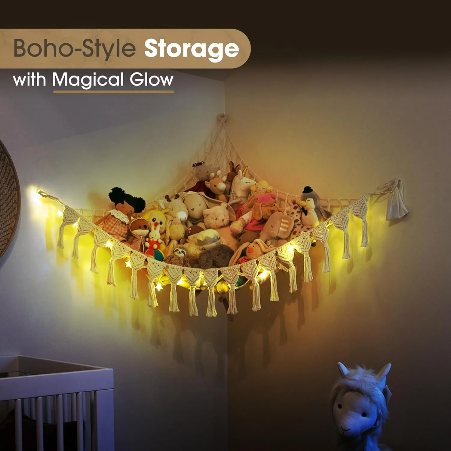 Extra Large Stuffed Animal Hammock with LED Lights 100% Natural Cotton Macrame Toy Storage Net for Plushies & Squishmallows Boho Macrame Corner Organizer for Kids’ Room or Nursery (Beige)