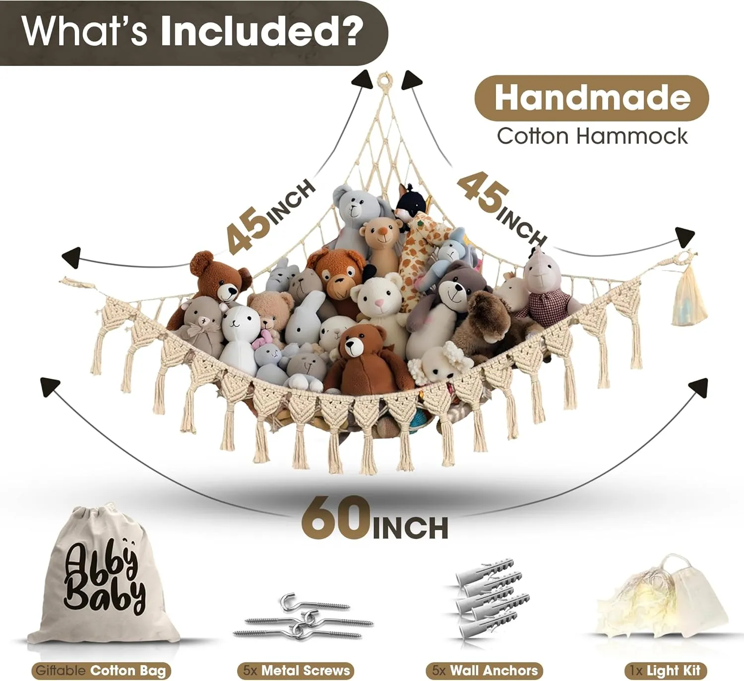 Extra Large Stuffed Animal Hammock with LED Lights 100% Natural Cotton Macrame Toy Storage Net for Plushies & Squishmallows Boho Macrame Corner Organizer for Kids’ Room or Nursery (Beige)