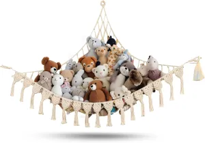 Extra Large Stuffed Animal Hammock with LED Lights 100% Natural Cotton Macrame Toy Storage Net for Plushies & Squishmallows Boho Macrame Corner Organizer for Kids’ Room or Nursery (Beige)