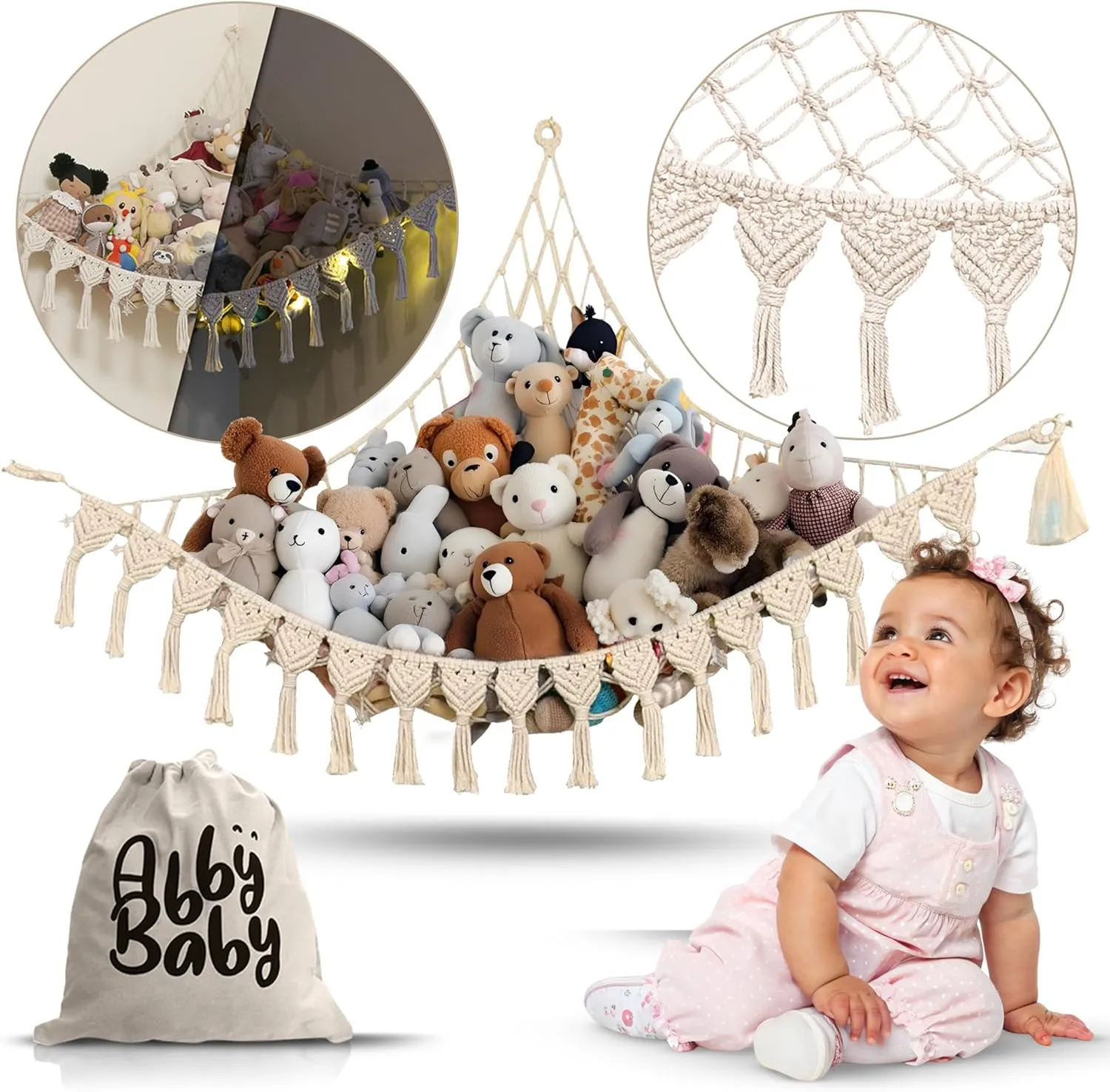 Extra Large Stuffed Animal Hammock with LED Lights 100% Natural Cotton Macrame Toy Storage Net for Plushies & Squishmallows Boho Macrame Corner Organizer for Kids’ Room or Nursery (Beige)