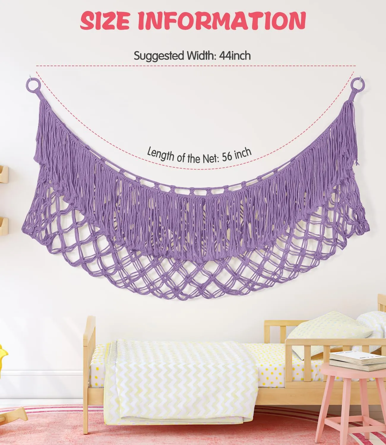Extra Large Stuffed Animal Net Hammock - [56'' Long/Handwoven Macrame/Lavender] Toy Hammock Storage for Flat Wall, Hardware Included
