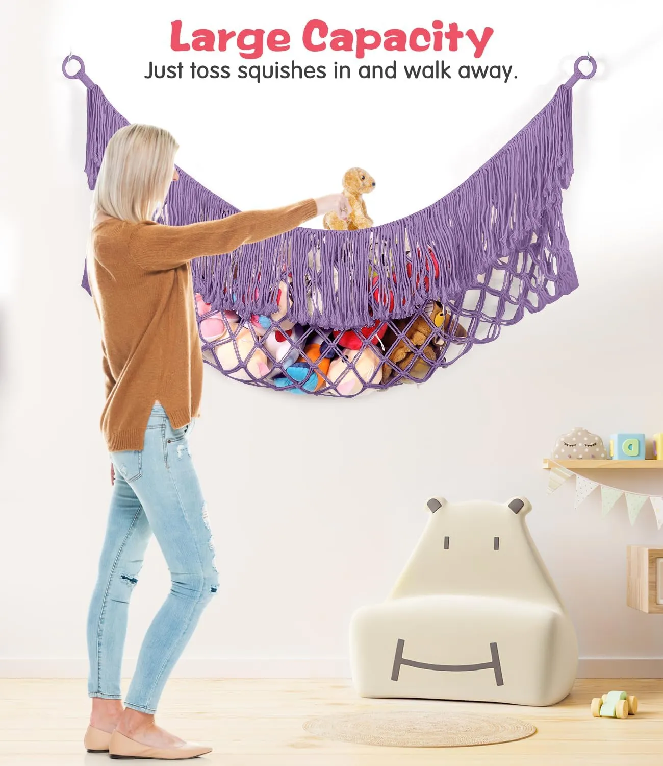 Extra Large Stuffed Animal Net Hammock - [56'' Long/Handwoven Macrame/Lavender] Toy Hammock Storage for Flat Wall, Hardware Included