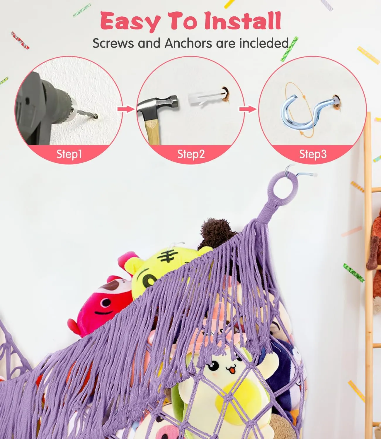 Extra Large Stuffed Animal Net Hammock - [56'' Long/Handwoven Macrame/Lavender] Toy Hammock Storage for Flat Wall, Hardware Included