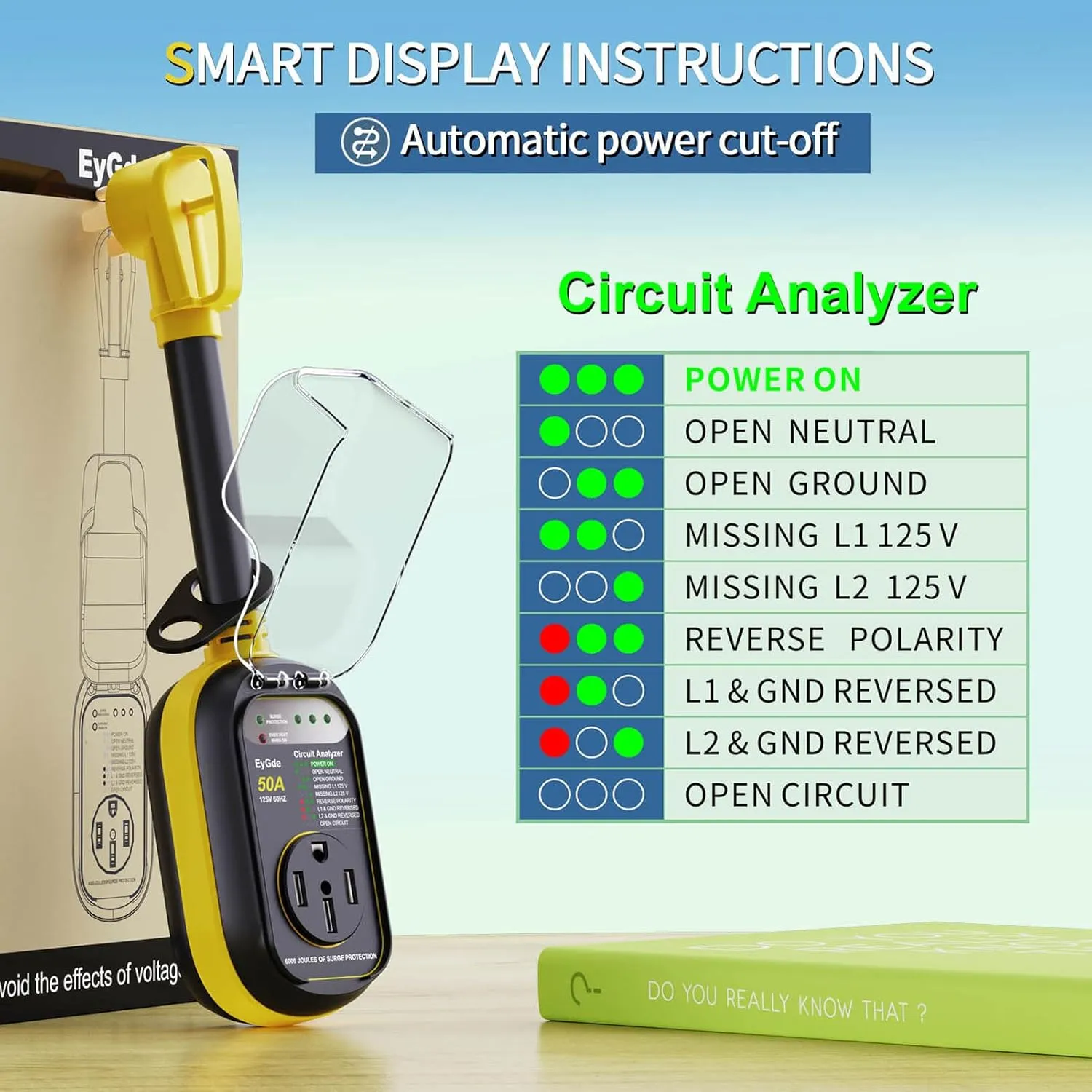 EyGde RV Surge Protector 50 Amp Waterproof - 50A RV Analyzer Voltage Protection Power Guard for Camper Travel Trailer, Yellow