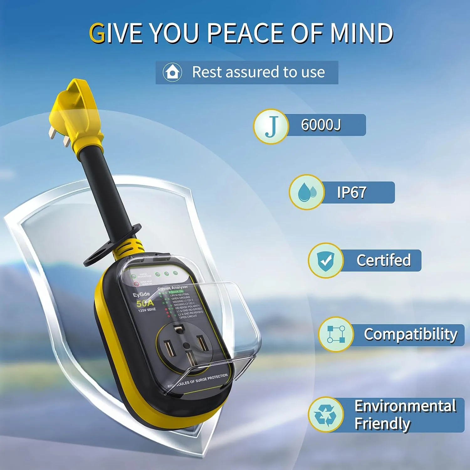 EyGde RV Surge Protector 50 Amp Waterproof - 50A RV Analyzer Voltage Protection Power Guard for Camper Travel Trailer, Yellow