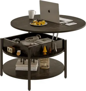 FABATO Round Lift Top Coffee Table with Storage and Hidden Compartment, 26.77'' Farmhouse Coffee Table for Living Room Reception Room, 2 Tier Small Round Coffee Table Circle Dining Table, Black Oak