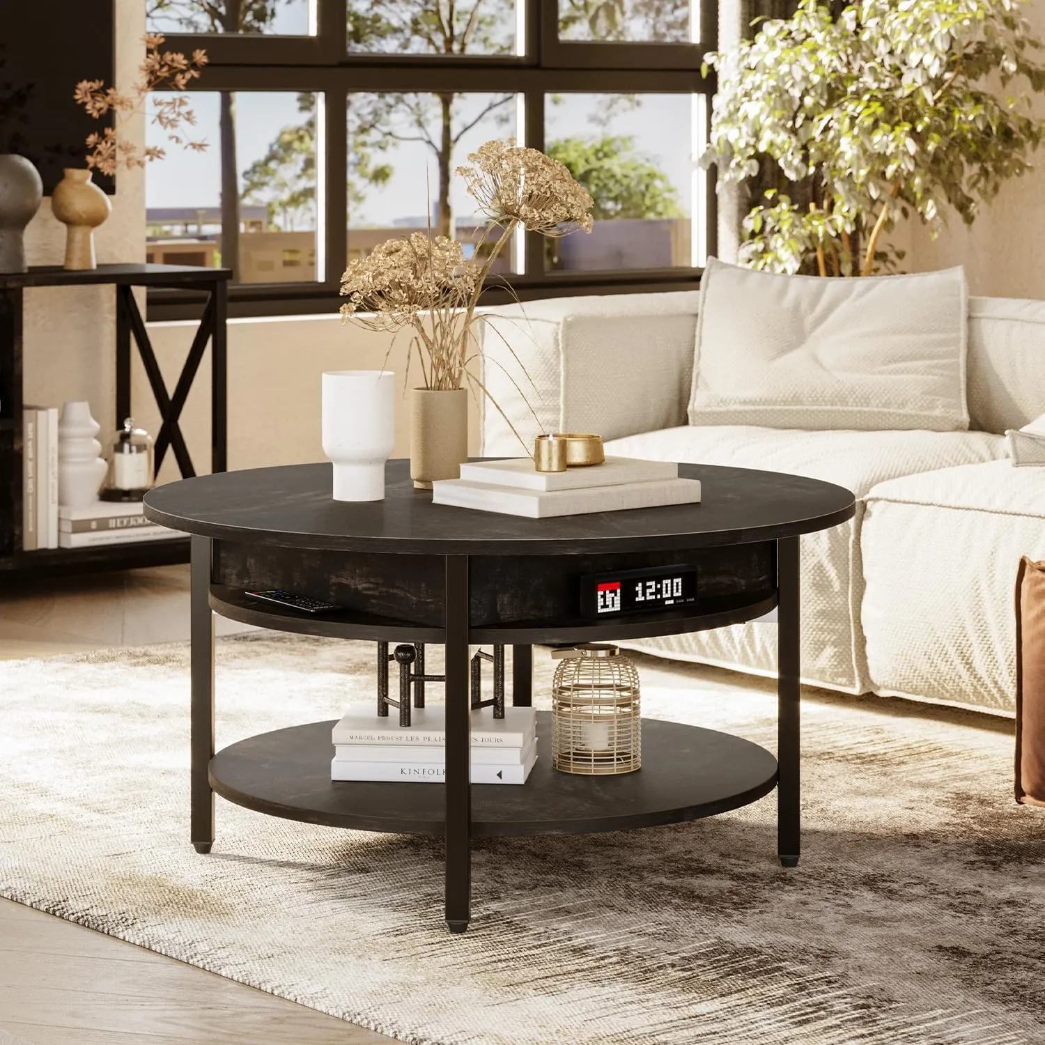 FABATO Round Lift Top Coffee Table with Storage and Hidden Compartment, 26.77'' Farmhouse Coffee Table for Living Room Reception Room, 2 Tier Small Round Coffee Table Circle Dining Table, Black Oak