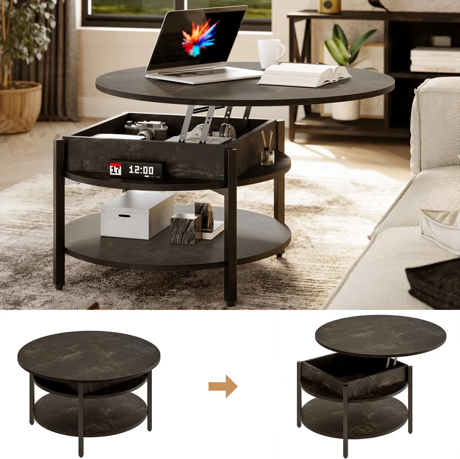 FABATO Round Lift Top Coffee Table with Storage and Hidden Compartment, 26.77'' Farmhouse Coffee Table for Living Room Reception Room, 2 Tier Small Round Coffee Table Circle Dining Table, Black Oak