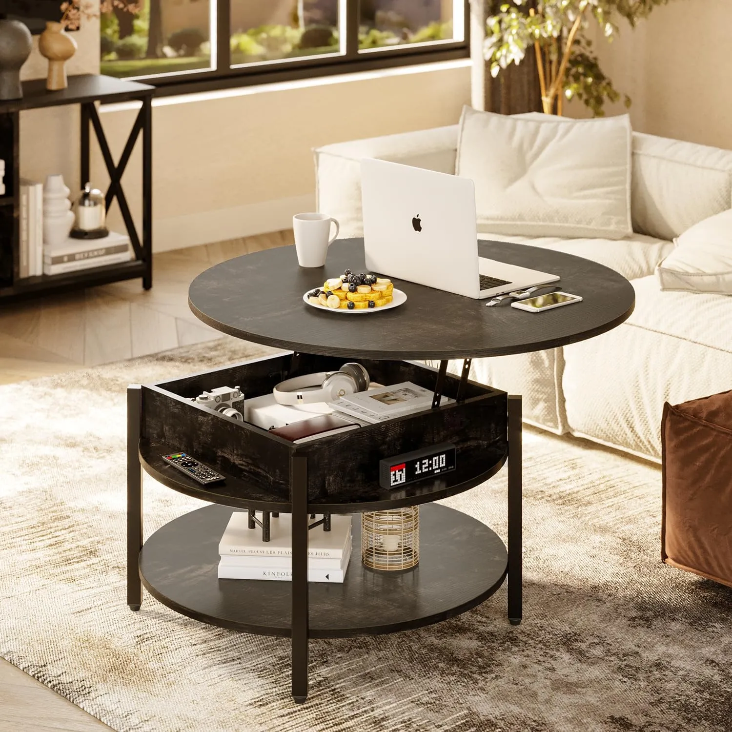 FABATO Round Lift Top Coffee Table with Storage and Hidden Compartment, 26.77'' Farmhouse Coffee Table for Living Room Reception Room, 2 Tier Small Round Coffee Table Circle Dining Table, Black Oak