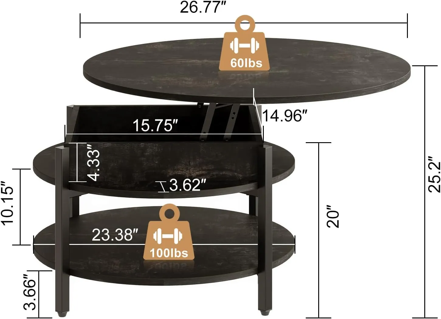 FABATO Round Lift Top Coffee Table with Storage and Hidden Compartment, 26.77'' Farmhouse Coffee Table for Living Room Reception Room, 2 Tier Small Round Coffee Table Circle Dining Table, Black Oak