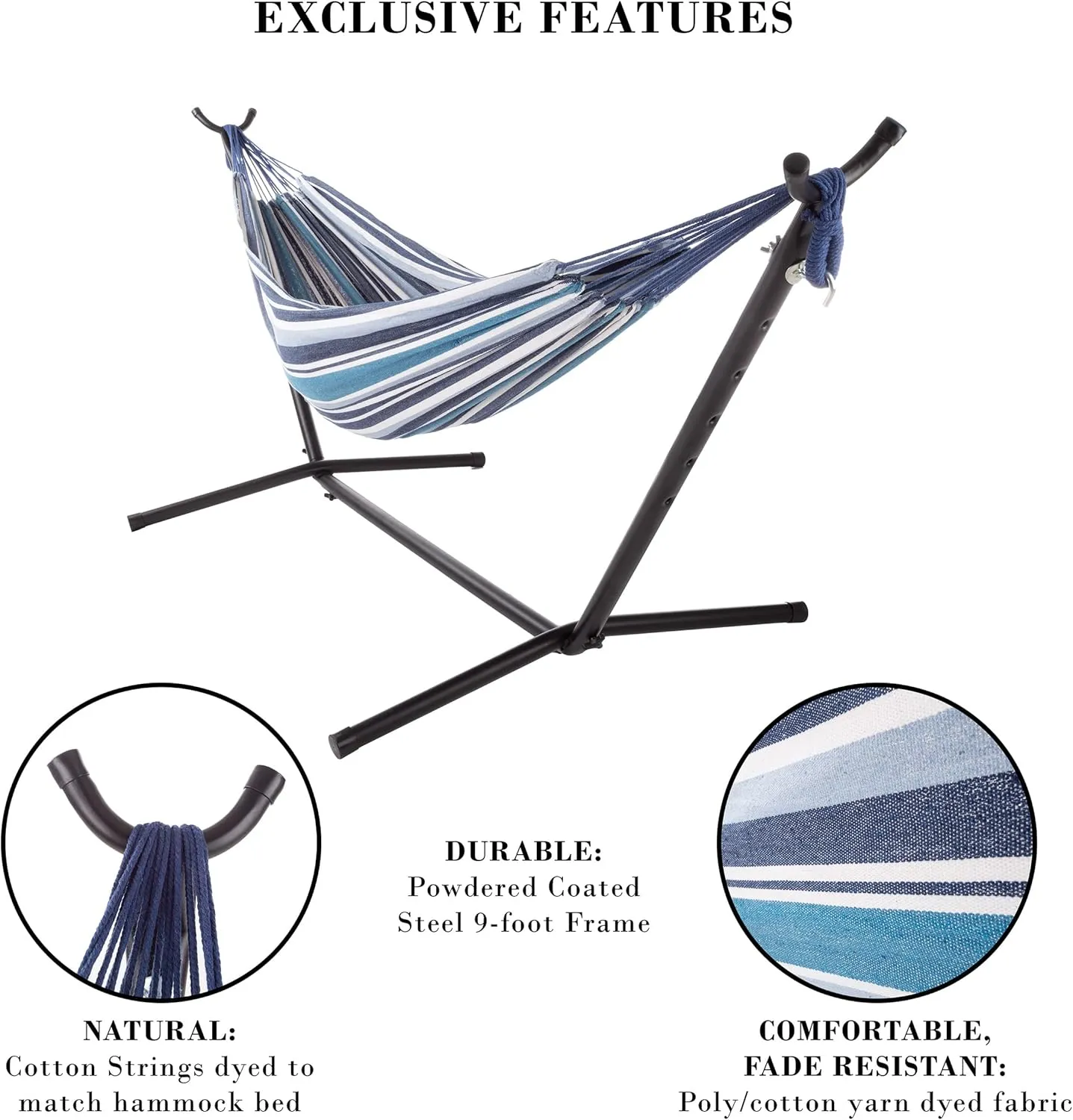 Fabric Hammock with Stand Included - Portable Hammock with Carry Bag and Powder-Coated Steel Frame for Travel or Backyard by Pure Garden (Blue Stripe)