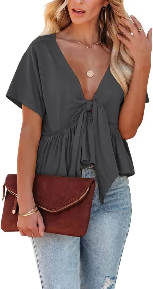 Fanway&EC Women's Short Sleeve V Neck Blouses Ruffle Hem Tie Front Crop Tops Lightweight Basic Summer Tops