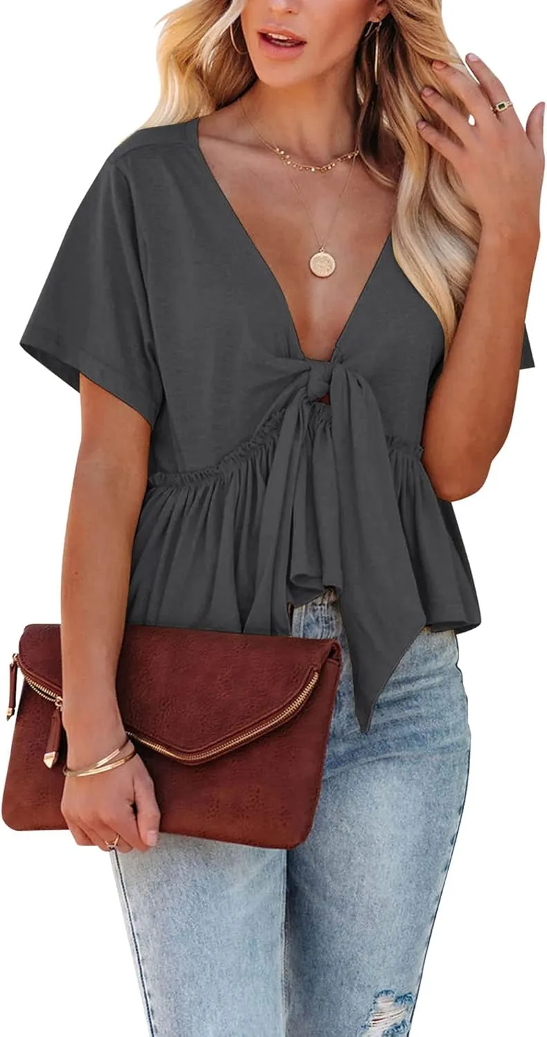 Fanway&EC Women's Short Sleeve V Neck Blouses Ruffle Hem Tie Front Crop Tops Lightweight Basic Summer Tops