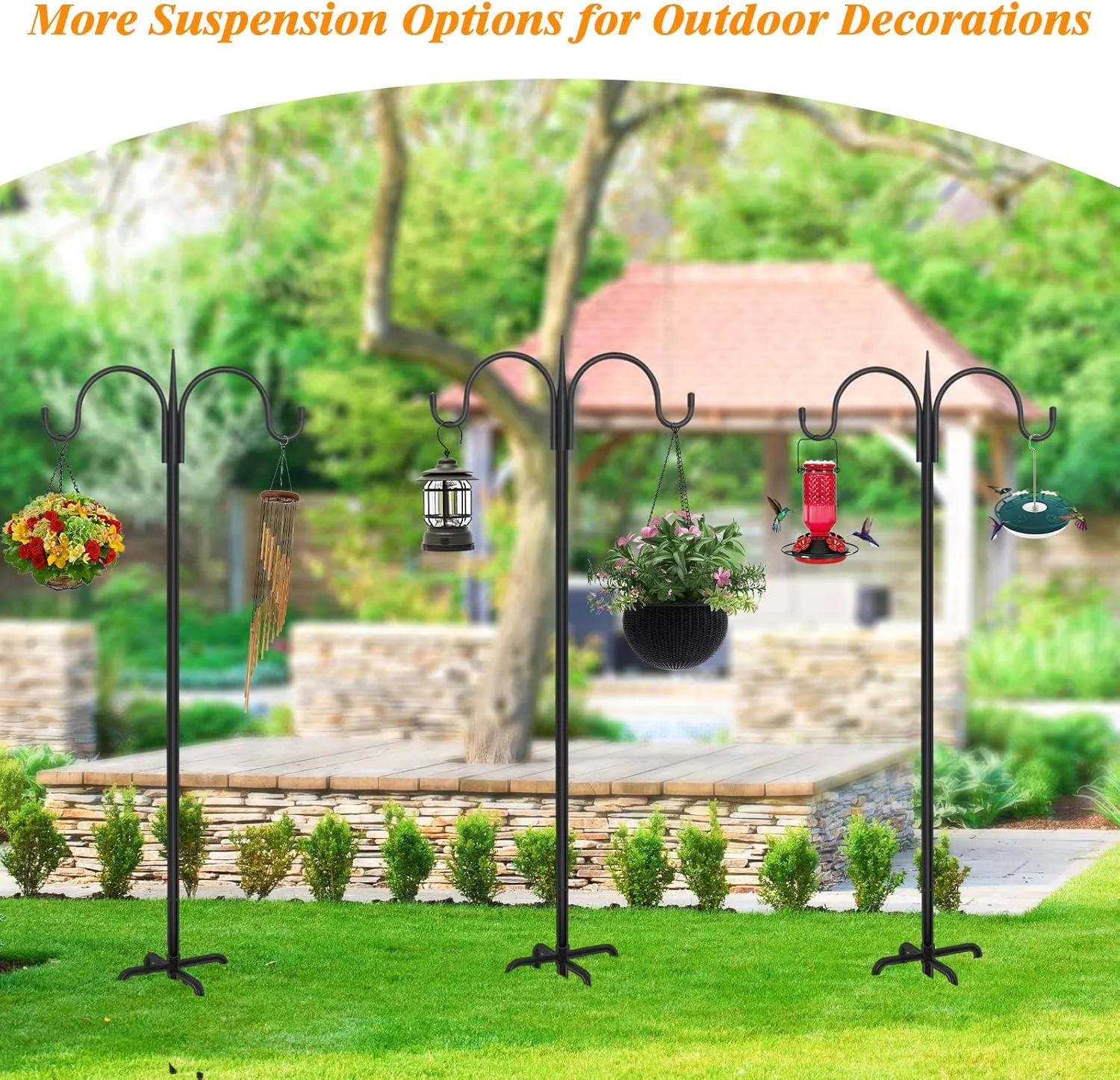 FEED GARDEN Adjustable Double Shepherds Hook for Outdoor with 5 Prong Base 76 Inch Heavy Duty Two Sided Bird Feeder Pole for Hanging Plant Baskets, Solar Light Lanterns, Wind Chimes 2 Pack