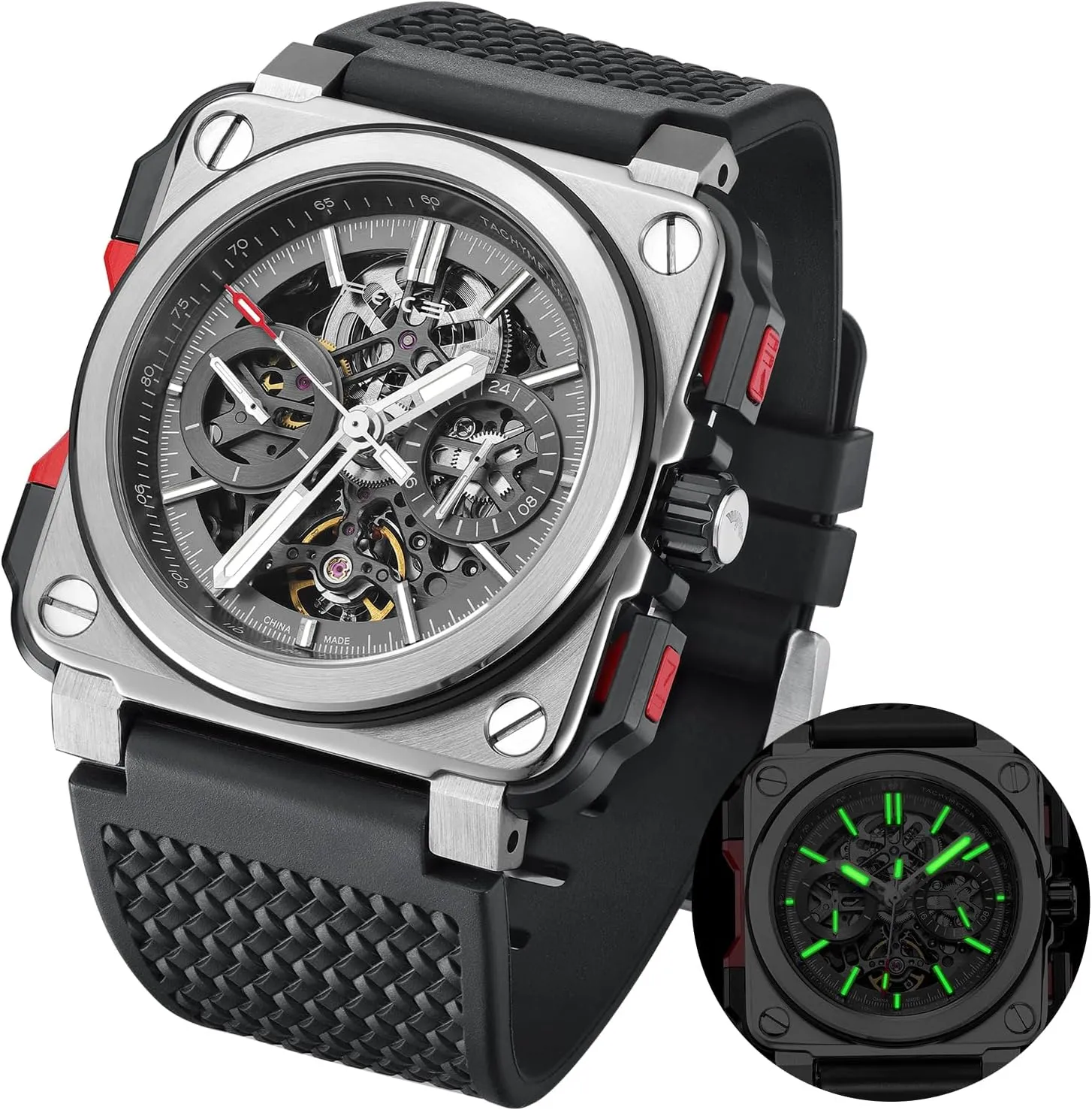 FEICE FM507 Men’s Automatic Skeleton Watch Mechanica Mens Wristwatch Square Sport Luminous Watches 10ATM Waterproof Watches