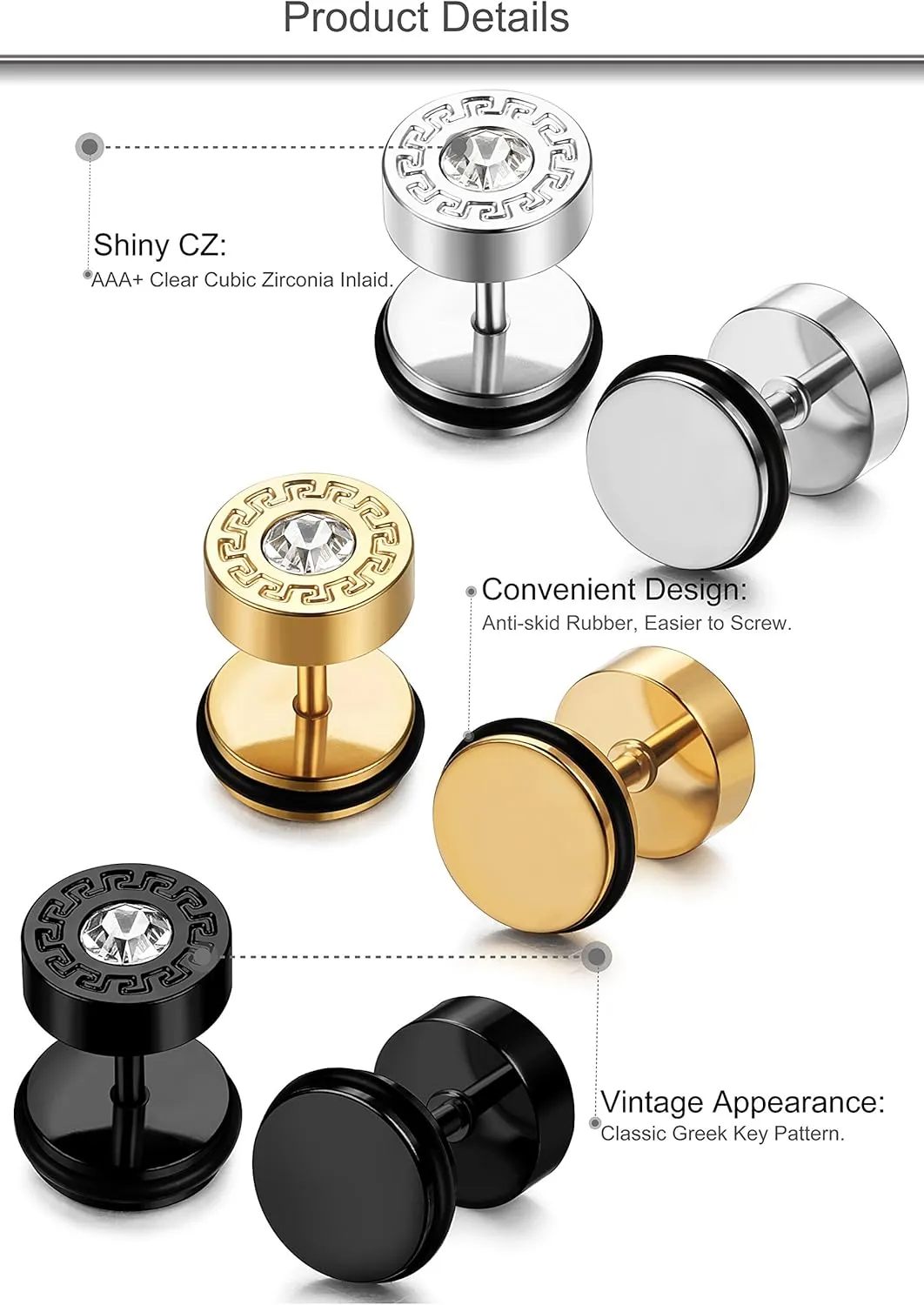 FIBO STEEL 3-4 Pairs Stainless Steel Mens Stud Earrings for Men Women Ear Piercing Plugs Tunnel