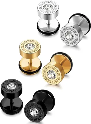 FIBO STEEL 3-4 Pairs Stainless Steel Mens Stud Earrings for Men Women Ear Piercing Plugs Tunnel