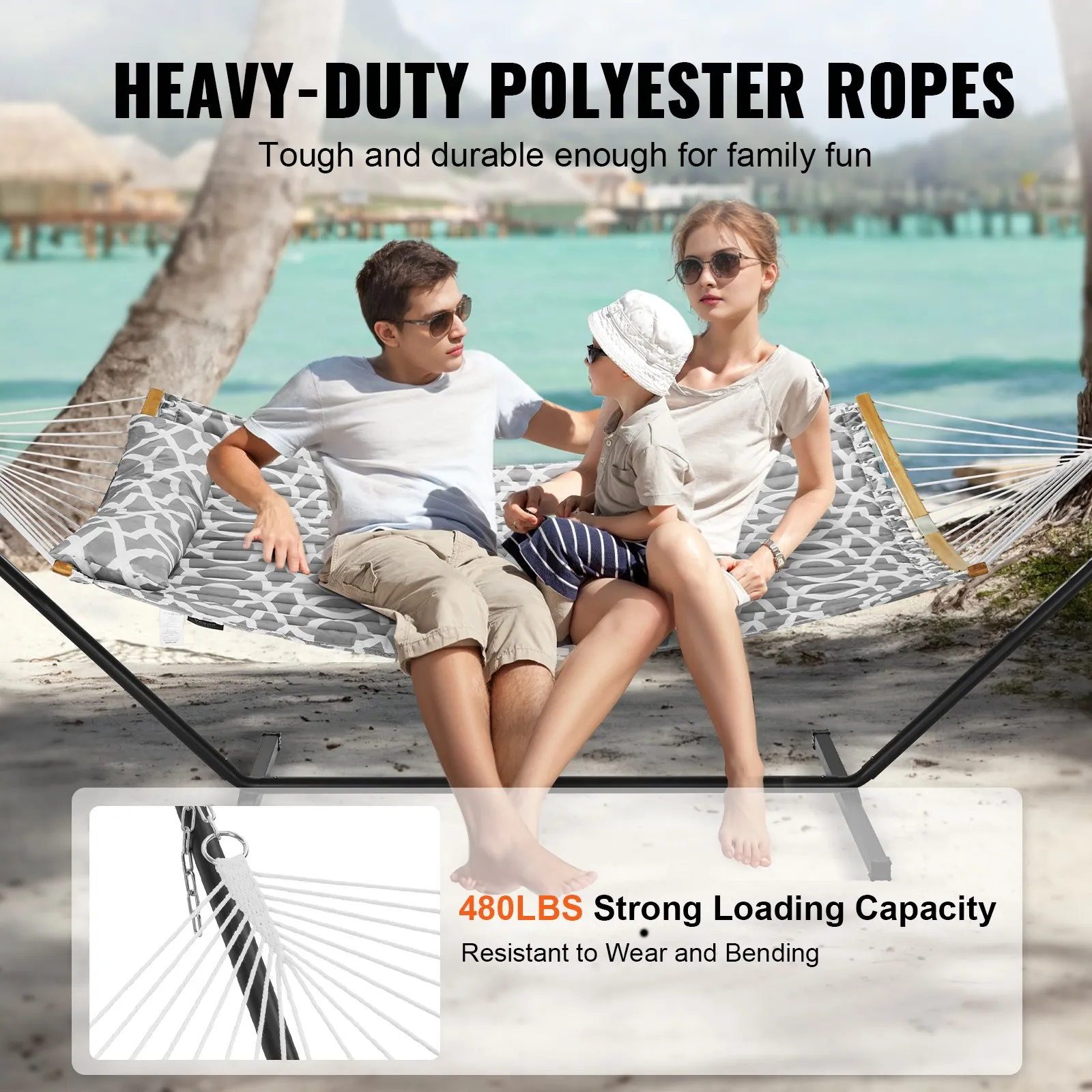 (FINAL PRICES ARE LOWER ON OUR SITE!) VEVOR Two Person Hammock with Stand Included, Double Hammock with Curved Spreader Bar and Detachable Pillow and Portable Carrying Bag, Perfect for Outdoor Freestanding Hammock, 480lb Capacity