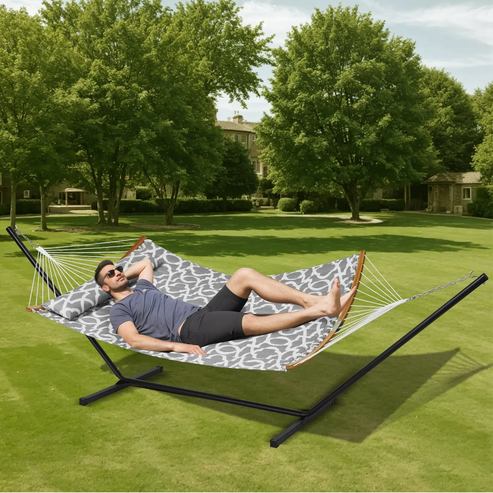 (FINAL PRICES ARE LOWER ON OUR SITE!) VEVOR Two Person Hammock with Stand Included, Double Hammock with Curved Spreader Bar and Detachable Pillow and Portable Carrying Bag, Perfect for Outdoor Freestanding Hammock, 480lb Capacity